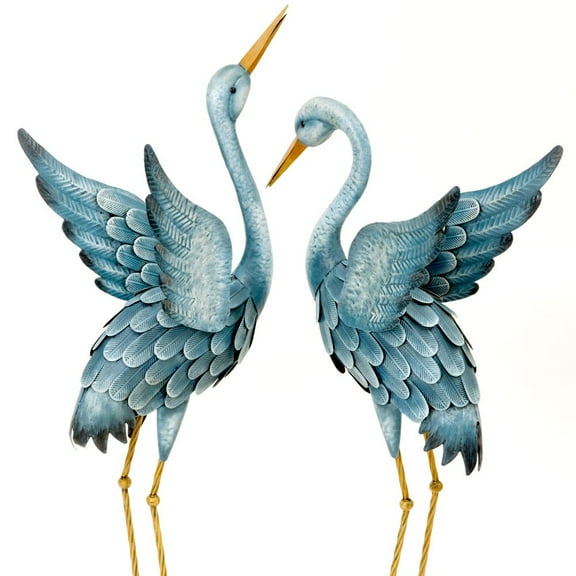 Bits and Pieces Japanese Blue Heron Metal Garden Sculpture Set Two Metal Cranes Garden Outdoor