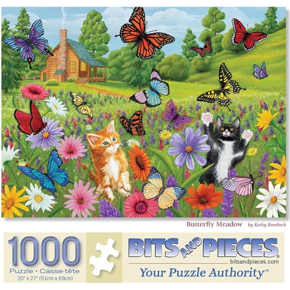 Bits and Pieces Jigsaw Puzzle 1000 Piece Butterfly Meadow Colorful Kittens Cats 20" x 27"