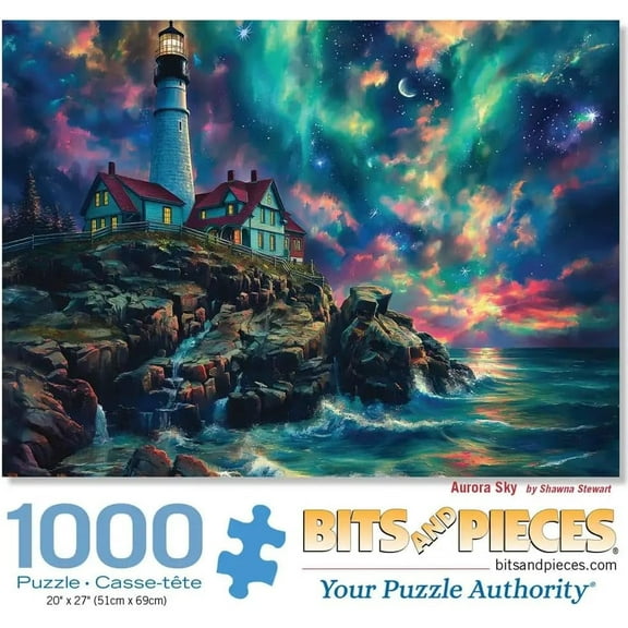 Bits and Pieces Jigsaw Puzzle Aurora Sky Northern Lights Lighthouse Large Piece 1000 Piece 20" x 27"