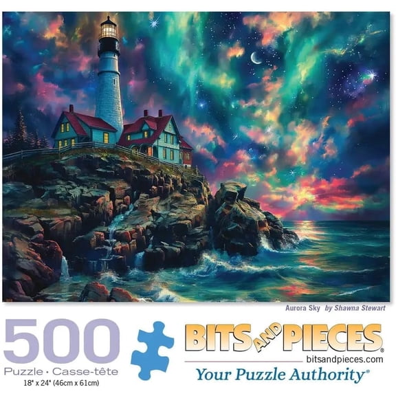 Bits and Pieces Jigsaw Puzzle Aurora Sky Northern Lights Lighthouse Large Piece 500 Piece 18 x 24 Inch