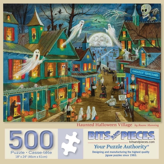 Bits and Pieces Jigsaw Puzzle Haunted Halloween Village Ghosts Skeletons 500 Pieces 18 x 24 Inch