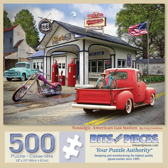 Bits and Pieces Jigsaw Puzzle "Nostalgic American Gas Station" Retro Summer Artwork by Greg Giordano 500 Piece 18" x 24"