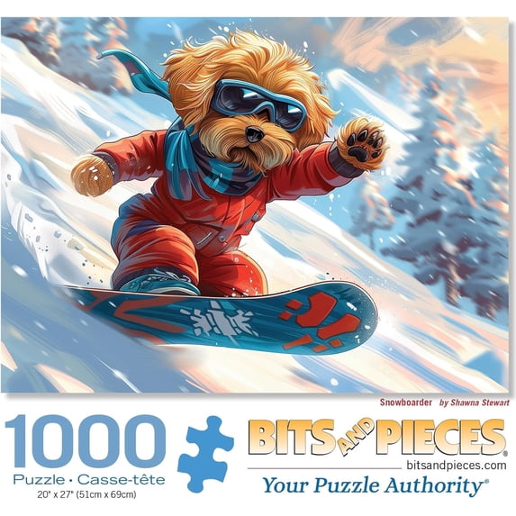 Bits and Pieces Jigsaw Puzzle Snowboarder Winter Dog 1000 Piece 20" x 27"