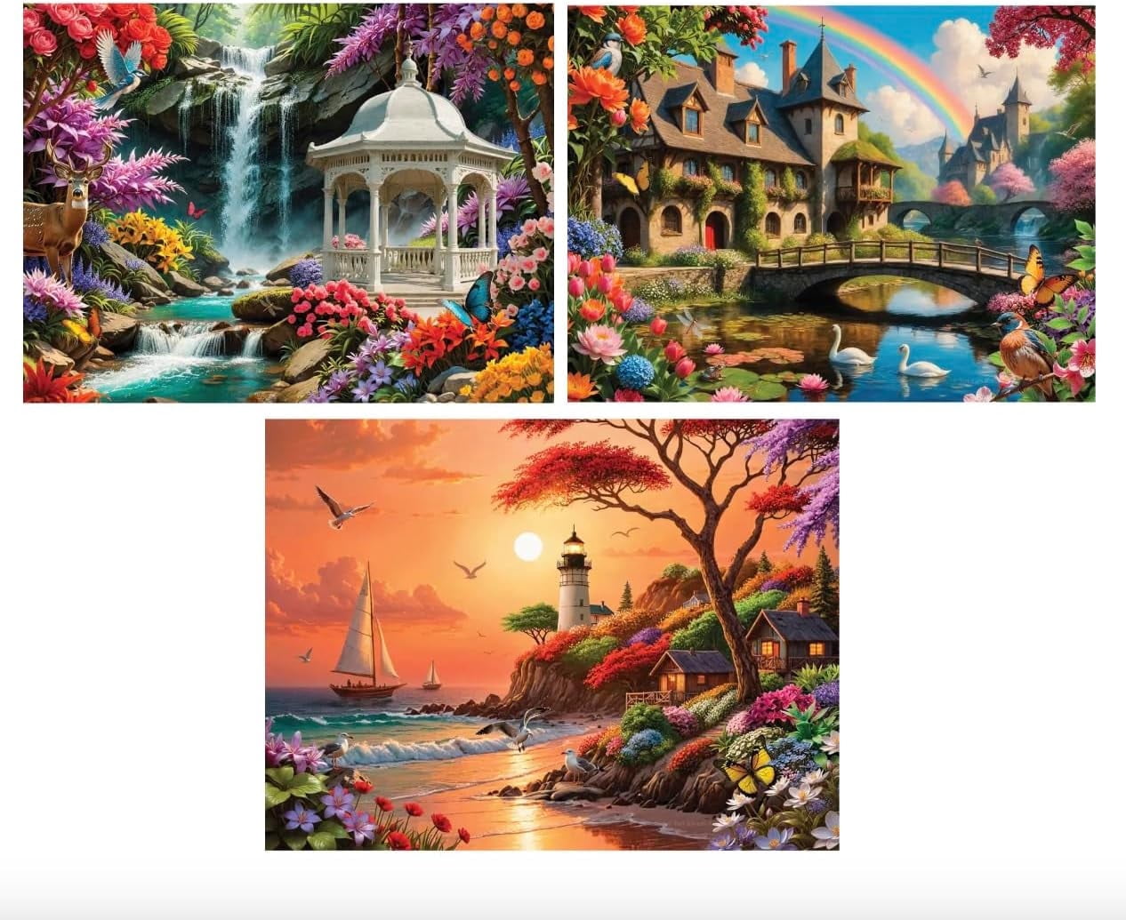 Bits and Pieces Jigsaw Puzzles 500 Piece Waterfalls Sunsets Rainbows Set of 3 18 x 24 Inch