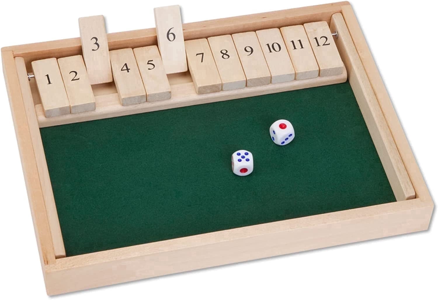 Bits and Pieces Shut The Box 3-in-1 Wooden Board Game with 12 Numbers and 2 Dice Large