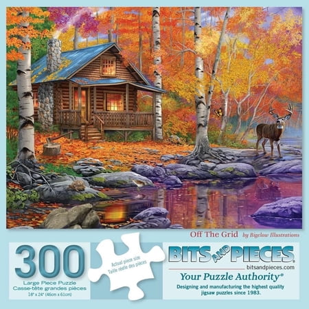 Bits and Pieces Off the Grid Jigsaw Puzzle, Autumn Cabin, Deer, 300 Large Pieces, 18 x 24 Inch