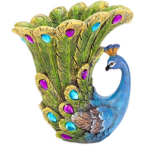 Bits and Pieces Peacock Vase — Hand-Painted Polyresin Sculpted Feather Vase with Faux Crystals, 6.5" Tall