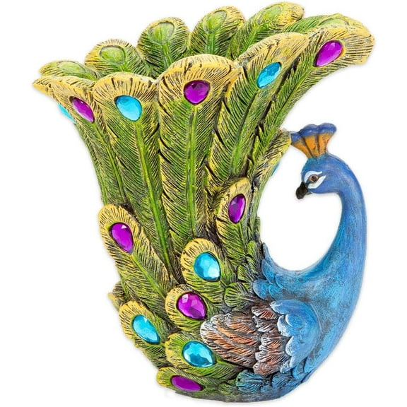 Bits and Pieces Peacock Vase — Hand-Painted Polyresin Sculpted Feather Vase with Faux Crystals, 6.5" Tall