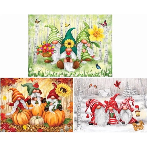 Bits and Pieces Seasonal Gnomes 3 Pack 1000 Piece Jigsaw Puzzle, Spring Autumn Winter