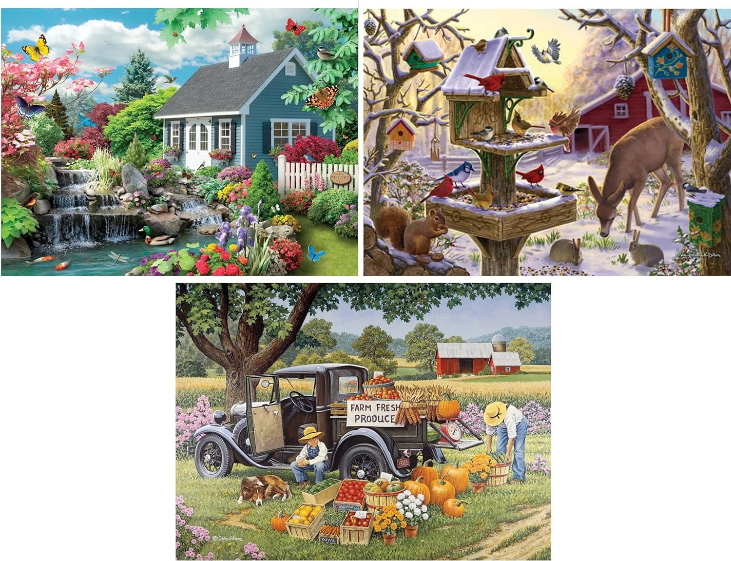 Bits and Pieces Set Of 3 100 Piece Jigsaw Puzzle Dream Landscape Home Grown Sunrise Feasting 15"x19"