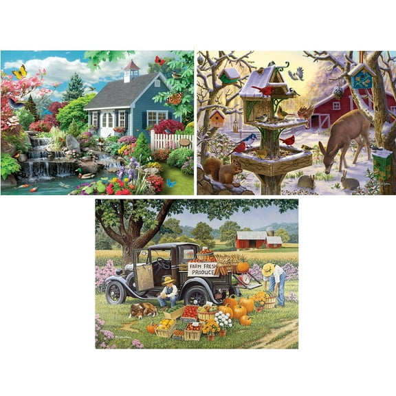 Bits and Pieces Set Of 3 100 Piece Jigsaw Puzzle Dream Landscape Home Grown Sunrise Feasting 15"x19"