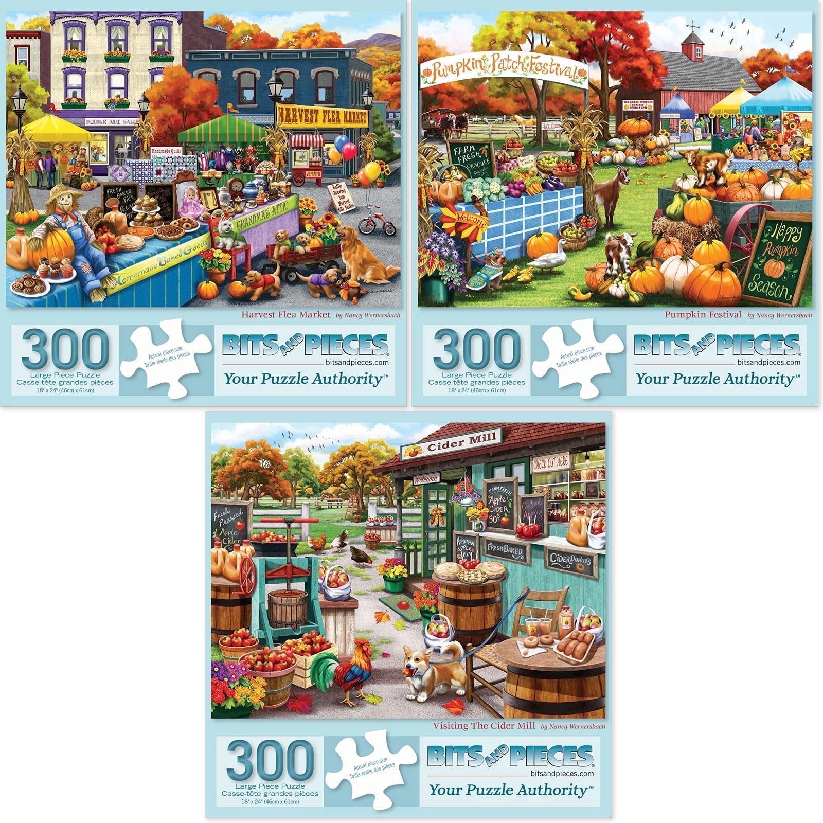Bits and Pieces Set of (3) 300 Piece Jigsaw Puzzles Autumn Festival By Nancy Wernersbach 18" x 24"