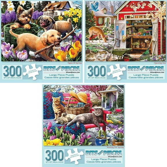 Bits and Pieces Set of 3 300 Piece Jigsaw Puzzles for Adults Spring Bundle by Larry Jones 18"x24"
