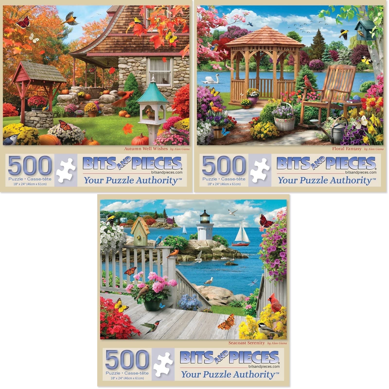 Bits and Pieces Set of 3 500 Piece Jigsaw Puzzles for Adults Season Collection by Alan Giana 18"x24"