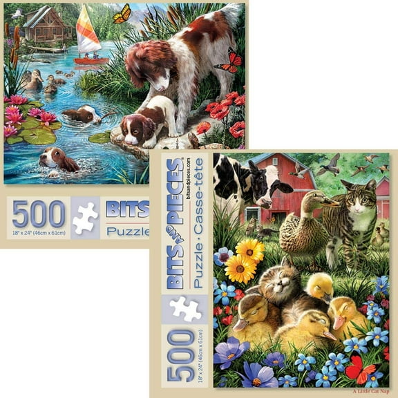 Bits And Pieces 500-Piece Jigsaw Puzzles - Cat Nap and Puppy Swimming, Design by Larry Jones