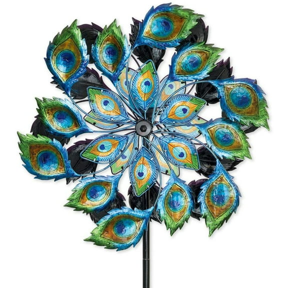Bits and Pieces Solar Peacock Wind Spinner Solar LED Light Lawn Ornament