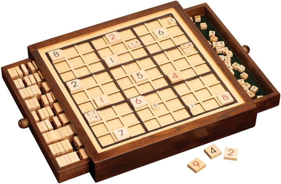 Bits and Pieces Sudoku Board Game Deluxe Wooden, 100 Puzzles, 4 Difficulty Levels, 10-1/2"