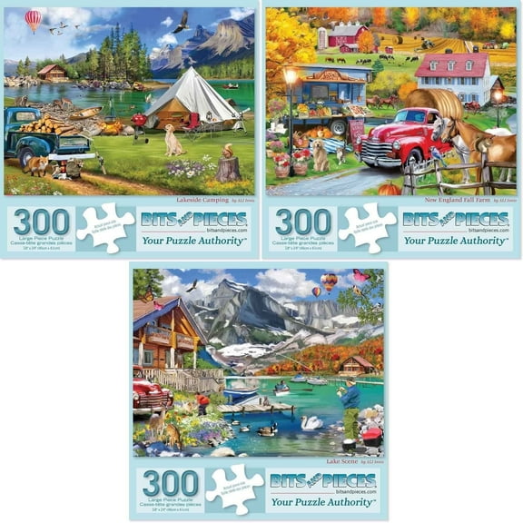 Bits and Pieces Value Set of Three 300 Piece Lake Farm Jigsaw Puzzles by Ali Innis 18" x 24"