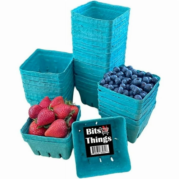 Bits N Things [40 Pack] Green Molded Pulp Fiber Berry Basket, Produce Vented Container for Fruit and Vegetable, Pint Size