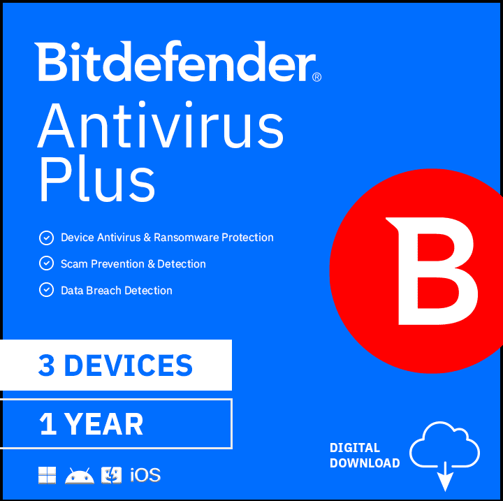 Bitdefender Antivirus Plus, 3 Device, 1 Year, compatible with; Windows, Apple iOS, Mac OS, Android, Linux [Digital Download]