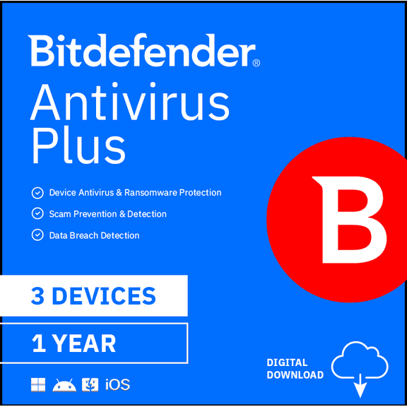 Bitdefender Antivirus Plus, 3 Device, 1 Year, compatible with; Windows, Apple iOS, Mac OS, Android, Linux [Digital Download]