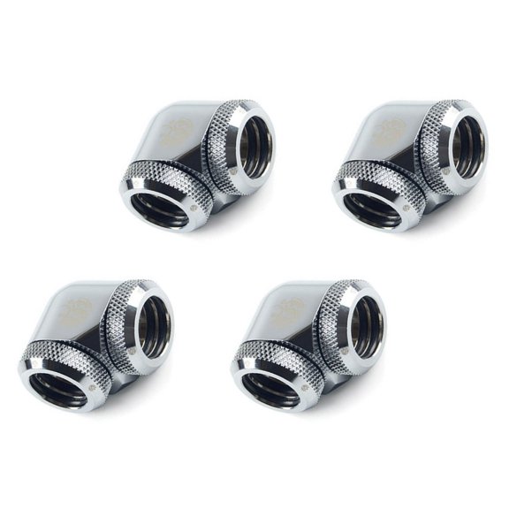 Bitspower Dual Enhance Multi-Link Adapter Fitting for 14mm OD Rigid Tubing, 90 Degree Angle, Silver Shining, 4-pack