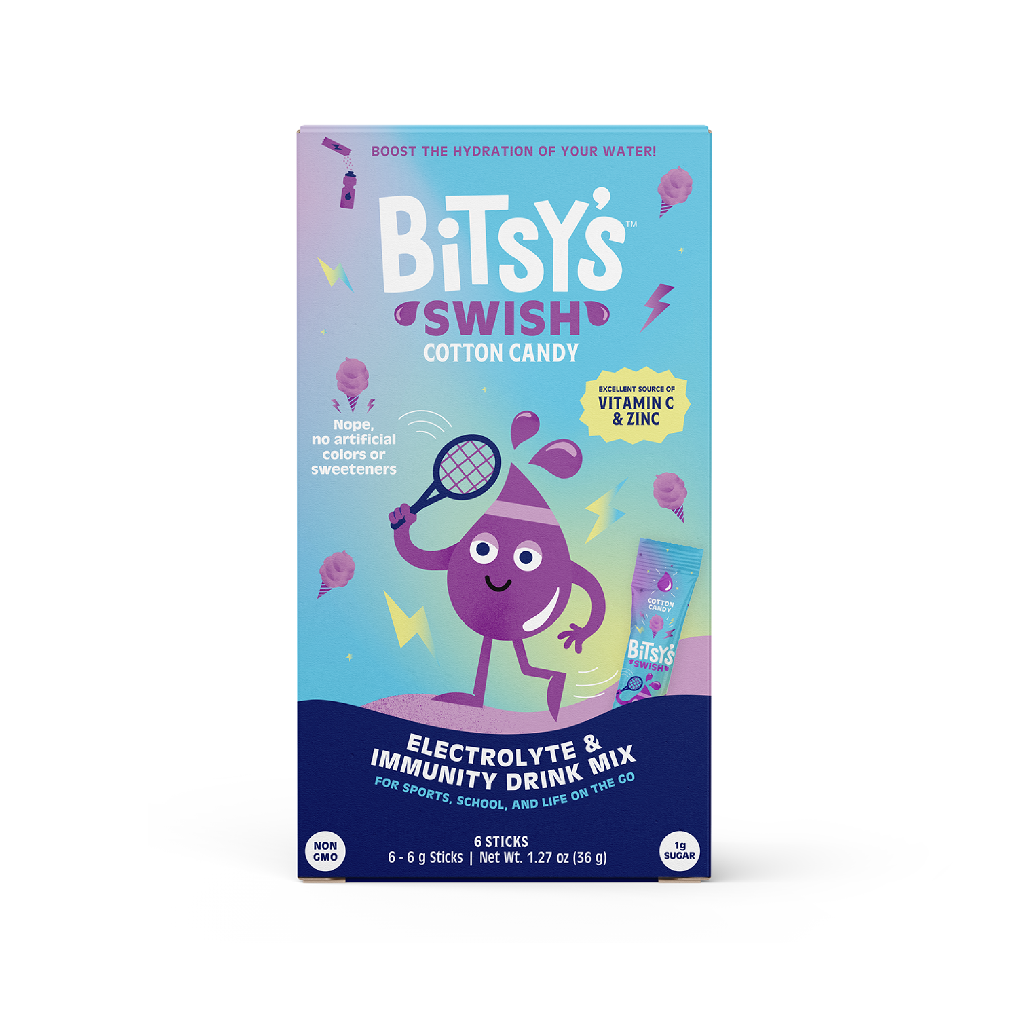 Bitsy's Swish Cotton Candy Electrolyte and Immunity Sports Drink Mix for Kids, Vitamin C and Zinc Hydration Powder, 6 Packets - image 1 of 7