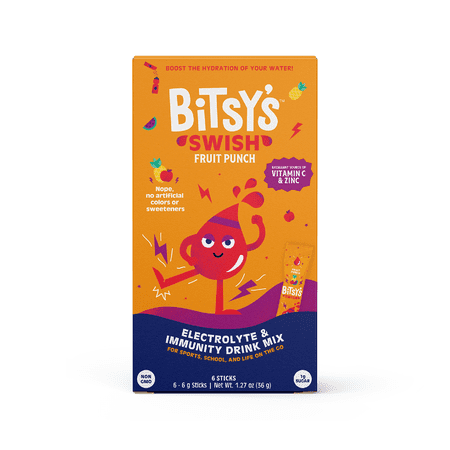 Bitsy's Swish Fruit Punch Electrolyte and Immunity Sports Drink Mix for Kids, Vitamin C and Zinc Hydration Powder, 6 Packets