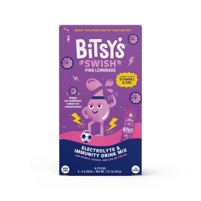 Bitsy's Swish Pink Lemonade Electrolyte and Immunity Sports Drink Mix for Kids, Vitamin C and Zinc Hydration Powder, 6 Packets