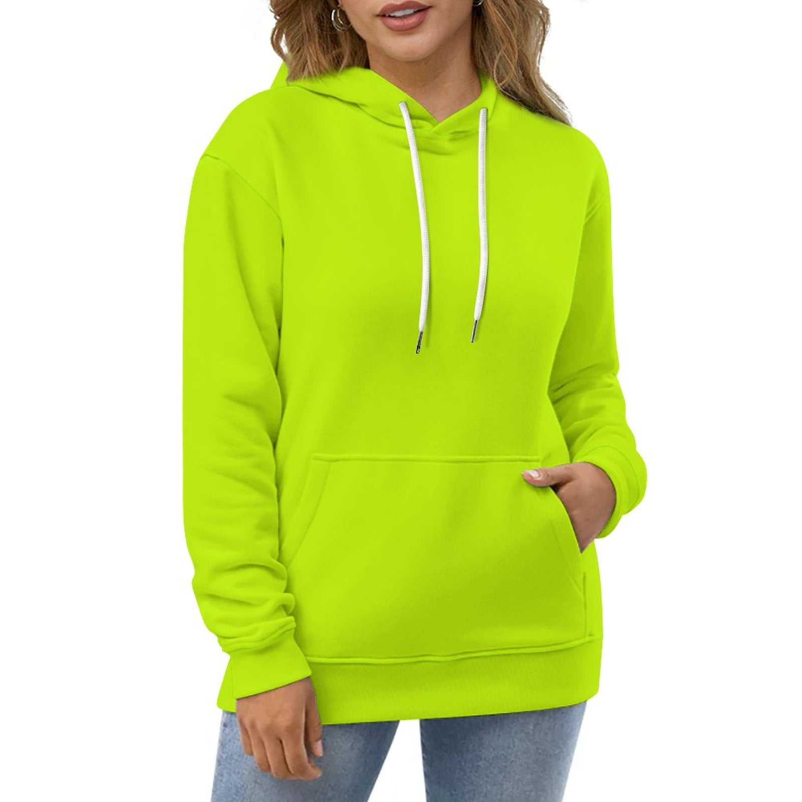 Bitter Lime Neon Green Solid Color Hoodie Sweatshirt Women Drawstring