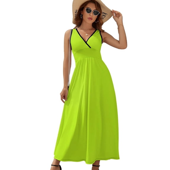 Bitter Lime Neon Green Yellow Solid Color Dress Fashion Boho Beach Long Dresses Female Party Printed Maxi Dress