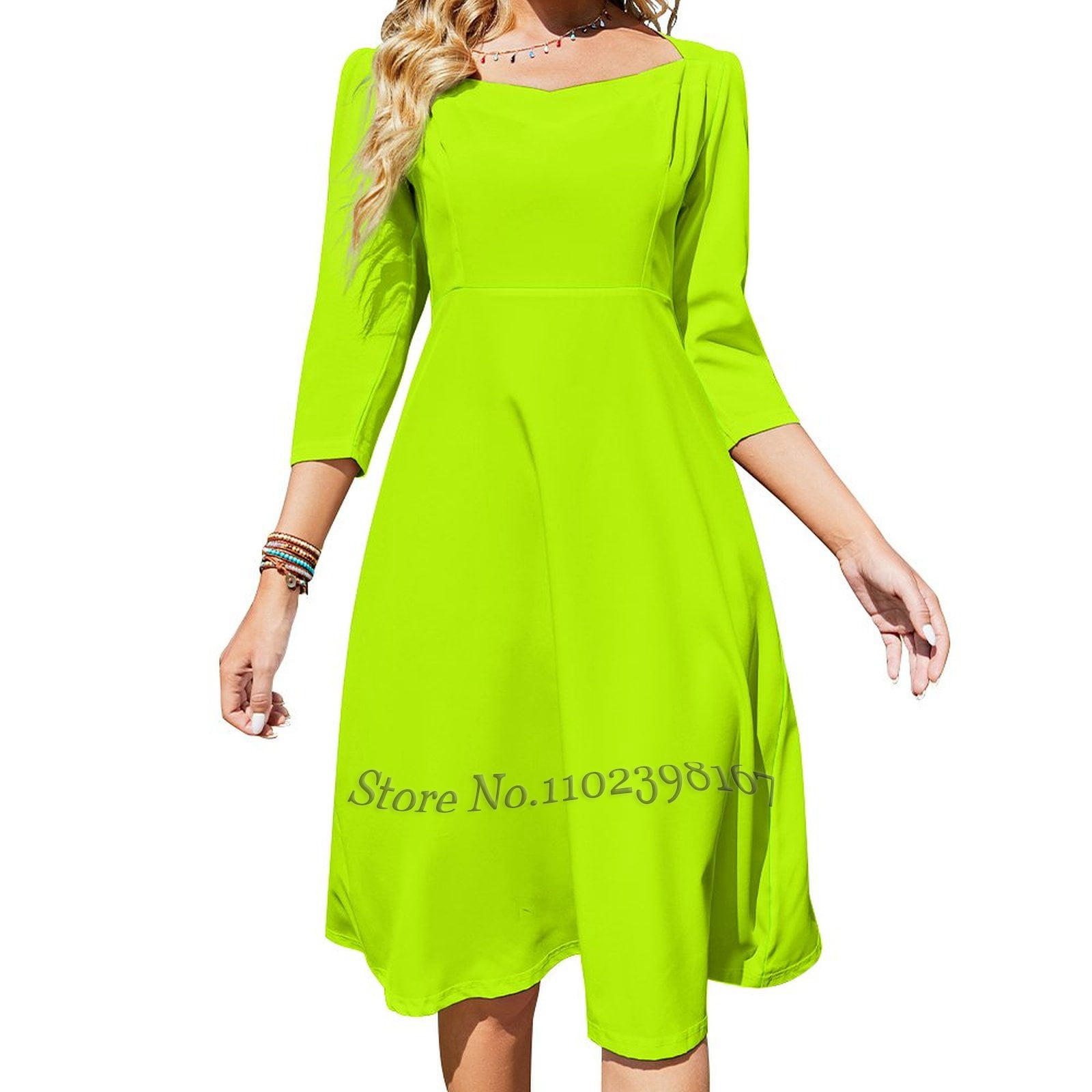 Bitter Lime Neon Green Yellow Solid Color Evening Party Dresses Midi