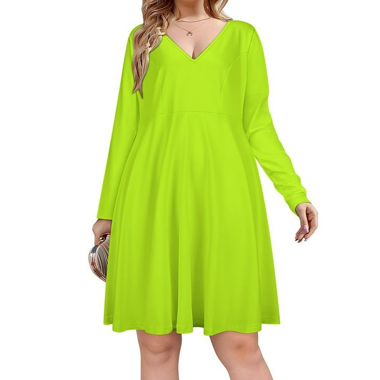 Bitter Lime Neon Green Yellow Solid Color Long Sleeve Dresses For