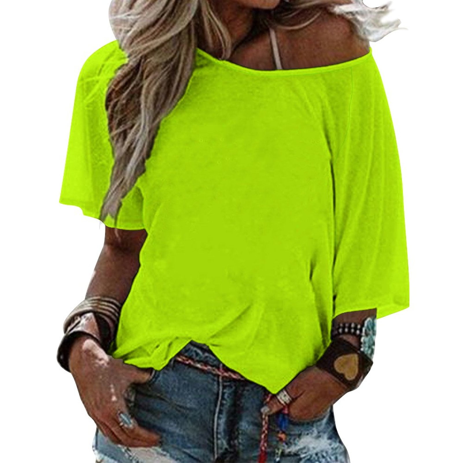 Bitter Lime Neon Green Yellow Solid Color Lotus Leaf Neck Women'S T