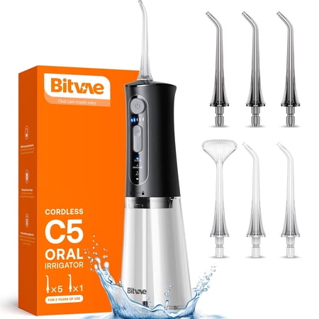 Bitvae Water Flosser for Teeth, Cordless Water Teeth Cleaner Picks, 3 Modes 5 Intensities, IPX7 Waterproof , 6 Tips Rechargeable Water Dental Picks for Cleaning - Black