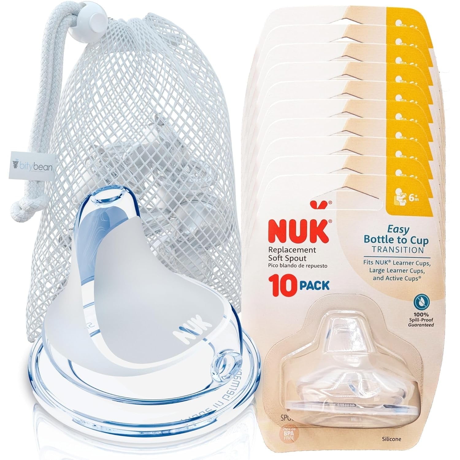 BityBean - NUK Nipple Replacement Spouts, Clear Silicone, Pack of 10 with Dishwasher Safe Mesh Bag - Fits NUK Learner, NUK Active, NUK Sippy Cup and NUK Bottle (10)