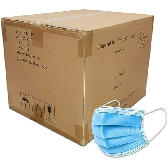 Bitybean 2000 Blue Disposable Face Masks 2,000 Protective 3-Ply Breathable Comfortable Nose/Mouth Coverings for Home & Office | Elastic Ear Loop 3-Layer Safety Shield for Adults/Kids. On the go