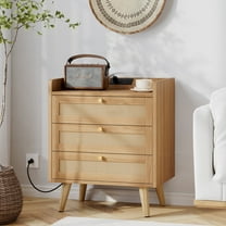 Biuhony Nightstand with Charging Station & 3 Drawers, 27" Wooden Side Tables Adult MCM Night Stand for Living Room, Farmhouse, Couch