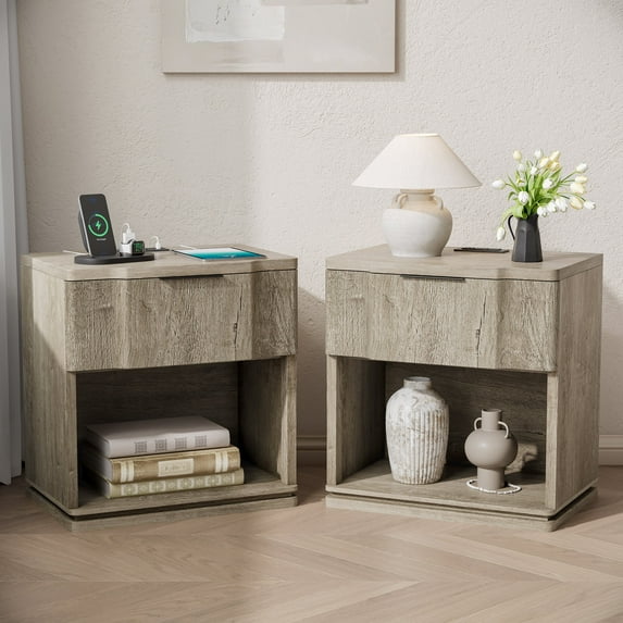 Biuhony Nightstand with Charging Station Set of 2, Wooden Fluted Bedside Table with Storage Drawer for Living Room Couch Office