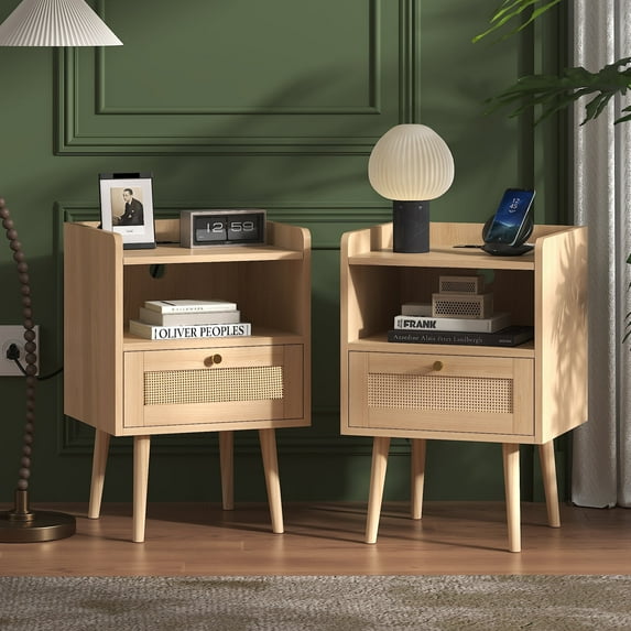 Biuhony Rattan Nightstand with Solid Wood Legs,Bedside Tables Rattan Drawers with Charging Station for Bedroom and Living Room, Set of 2