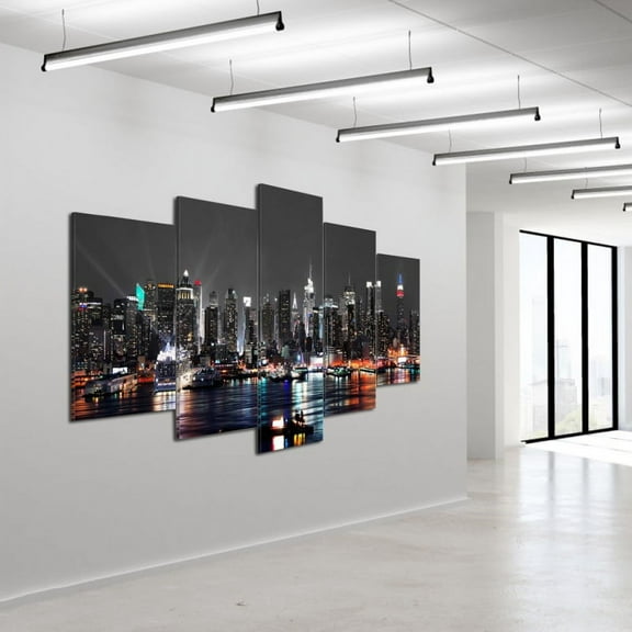 Biuteawal Large 5 Piece New York City Canvas Wall Art Manhattan Skyline at Night Picture Prints Modern Home Office Wall Decoration Gallery Wrapped Ready to Hang