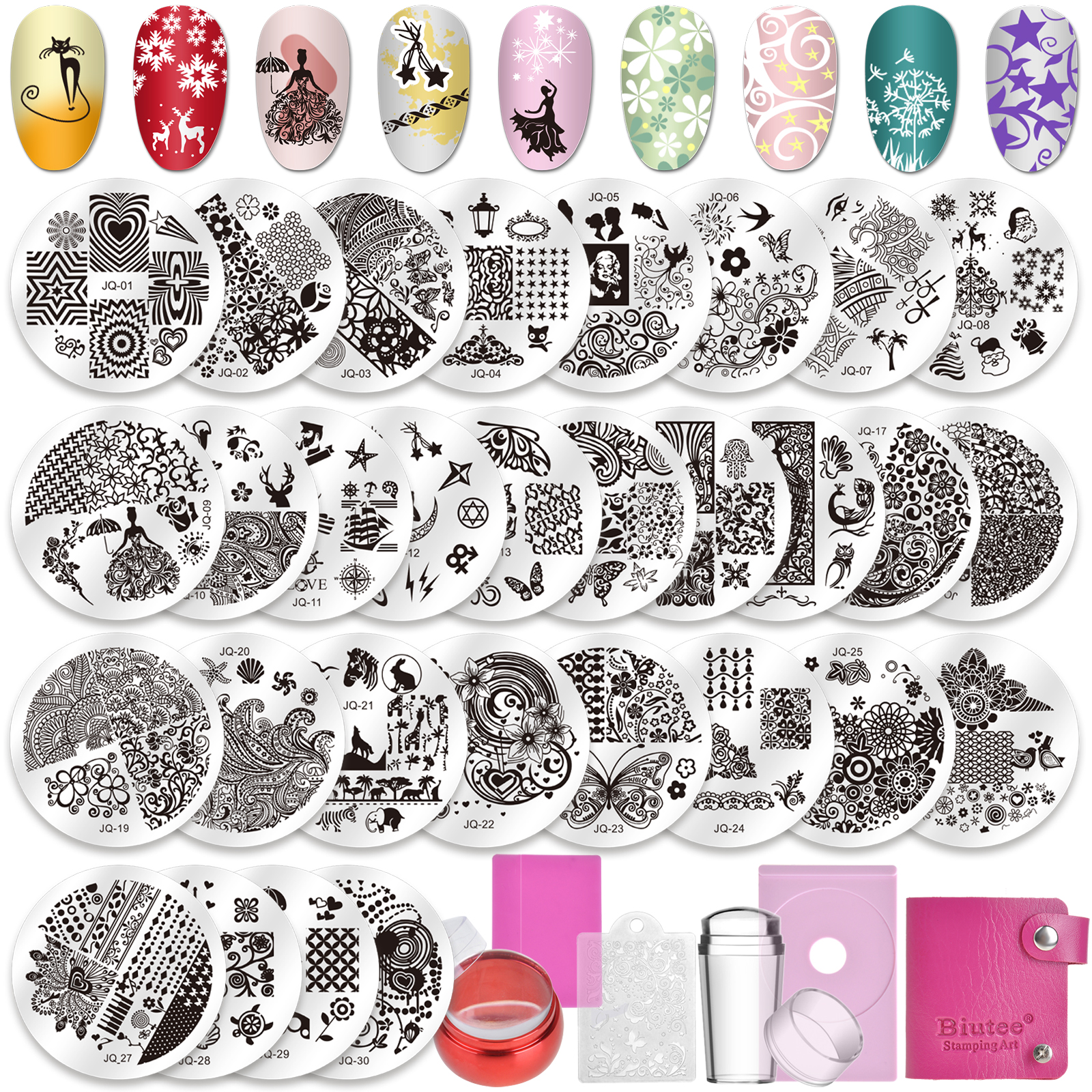 Biutee 36pcs Nail Stamper Set, 30pcs Nail Stamping Plates with Stamps,  Scrapers & Storage Bag Stainless Steel Nail Plate Template 