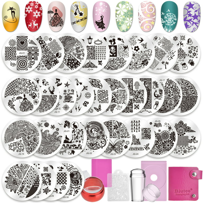 Biutee 36pcs Nail Stamper Set, 30pcs Nail Stamping Plates with Stamps,  Scrapers & Storage Bag Stainless Steel Nail Plate Template 