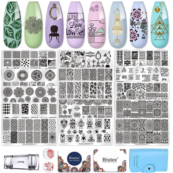Biutee Nail Art Plates 15pcs Nail Stamping Kit Stamping Plates Tool Leaves Flowers Animal Image Stamp Templates Stamping Kit Nail Stamper Set with 1 Stamper + 2 Scraper + 1 Storage Bag