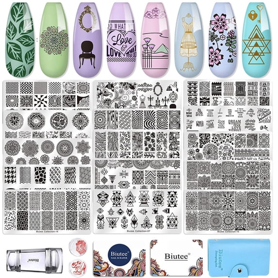 Biutee Nail Art Plates 15pcs Nail Stamping Kit Stamping Plates Tool Leaves Flowers Animal Image Stamp Templates Stamping Kit Nail Stamper Set with 1 Stamper + 2 Scraper + 1 Storage Bag