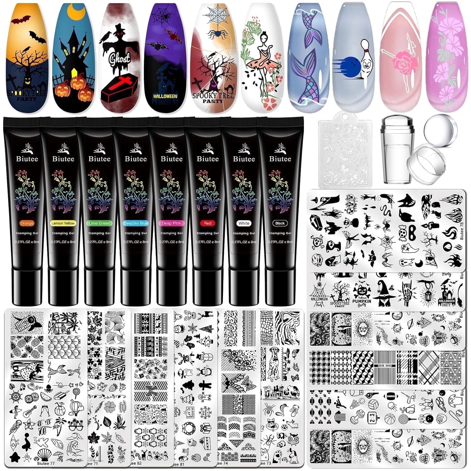 Biutee Nail Stamper Kit Nail Stamping Plate Set 8 Stamping Nail Polish Gel 12 Stamp Plate Jelly Silicone Stamper Template Tool Supplies Valentine Style for Mother's Day Gift