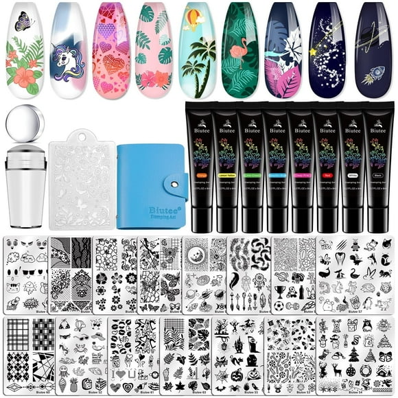 Biutee Nail Stamp Plates Set 15pcs Nail Plates 8pcs Stamp Gel 1pc Nail Stamper Scraper Set Storage Bag Gift Box Nail Stamp Template Kit Lace Flower Star Holiday Design