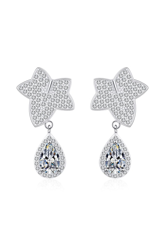 Moissanite Earrings, 2.0 ct D Color 3EX Cut Lab Created Diamond Maple Leaf Drop Earrings 18K White Gold Plated Silver Screw Back for Women
