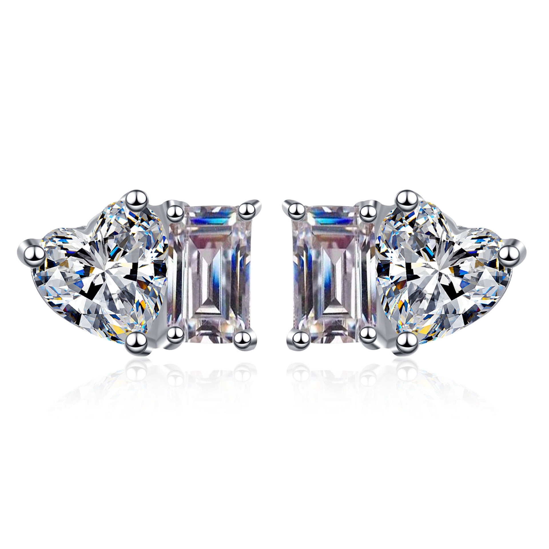 Biuufish Moissanite Earrings, 2.0 ct D Color Radiant Cut Lab Created Diamond Square Love Earrings 18K White Gold Plated Silver Screw Back for Women