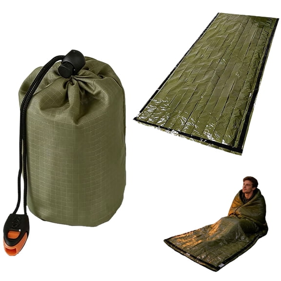 Bivy Sack Survival Sleeping Bag, Waterproof Survival Sleeping Bag with Emergency Whistle, Portable Thermal Emergency Bivy Bags for Camping Hiking Outdoor Survival （Green, 1PC)